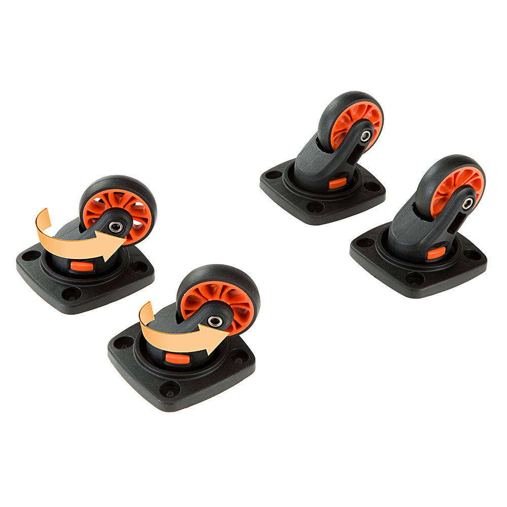 Set of four orange and black swivel caster wheels with mounting plates, ideal for furniture and equipment mobility. Durable, smooth-rolling design.