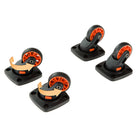 Set of four orange and black swivel caster wheels with mounting plates, ideal for furniture and equipment mobility. Durable, smooth-rolling design.