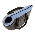 Pet carrier bag with blue and gray design, featuring a soft interior, durable handles, and side pockets. Ideal for small dogs or cats.