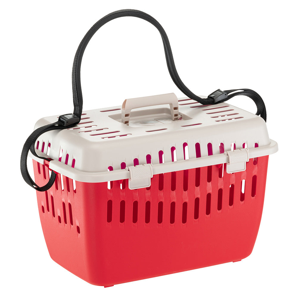 Red and white pet carrier with ventilation slots, secure latch, and adjustable shoulder strap, ideal for small pets. Durable plastic travel crate.