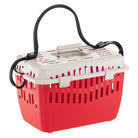 Red and white pet carrier with ventilation slots, secure latch, and adjustable shoulder strap, ideal for small pets. Durable plastic travel crate.