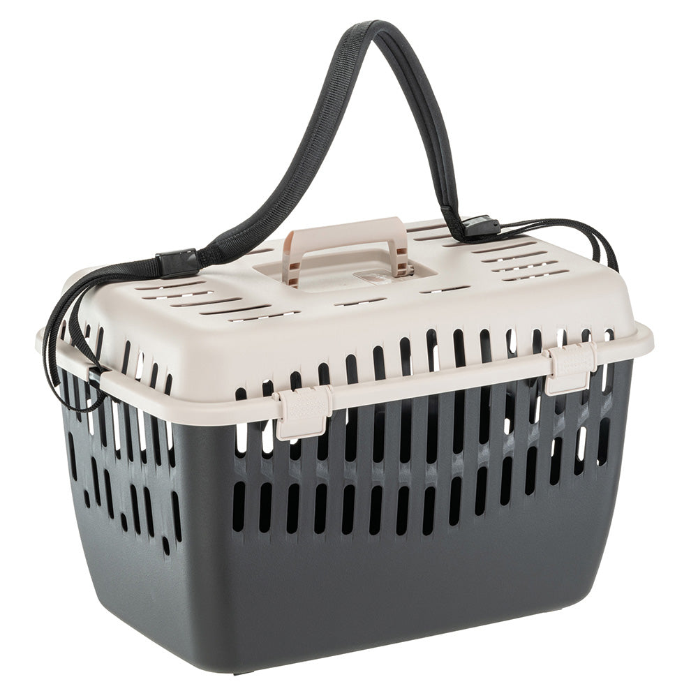 Pet carrier with ventilation slots, secure latch, and ergonomic handle. Ideal for small animals. Durable plastic design for safe, comfortable transport.