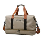 Beige travel duffel bag with brown handles and adjustable shoulder strap, featuring a spacious design and durable material. Perfect for weekend trips.