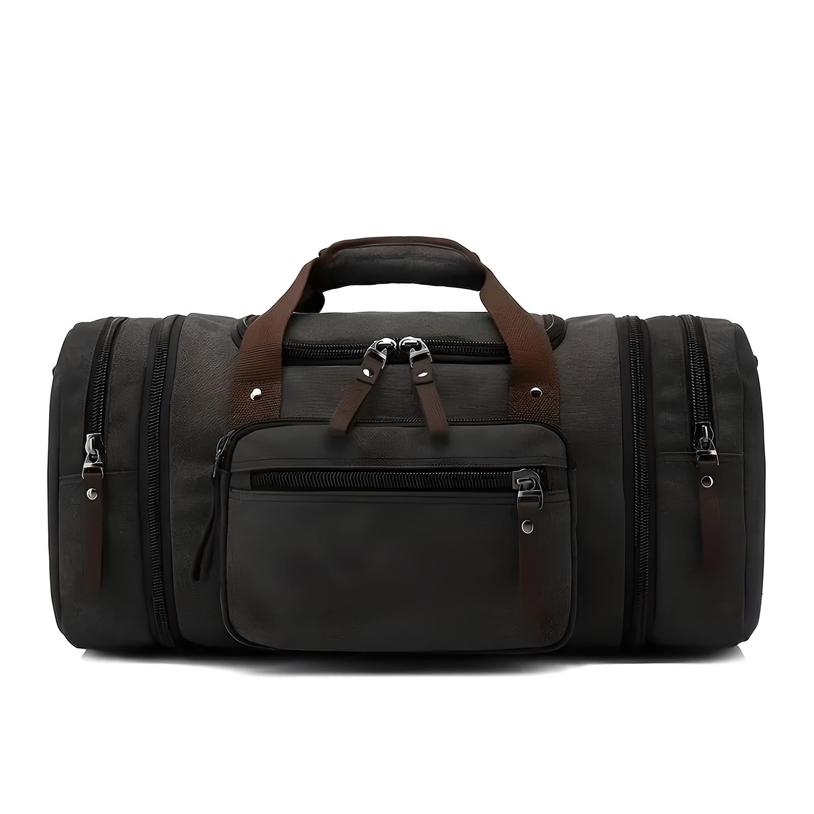 Sleek black leather duffel bag with multiple zippered compartments and brown handles, perfect for travel or gym use. Durable and stylish design.