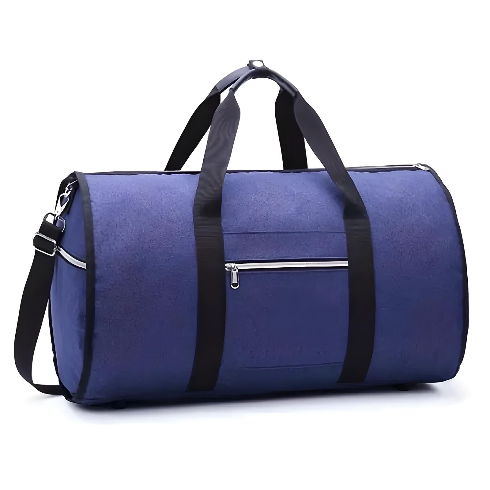 Blue duffel bag with black straps and a front zipper pocket, ideal for travel or gym use. Durable, spacious, and stylish design.