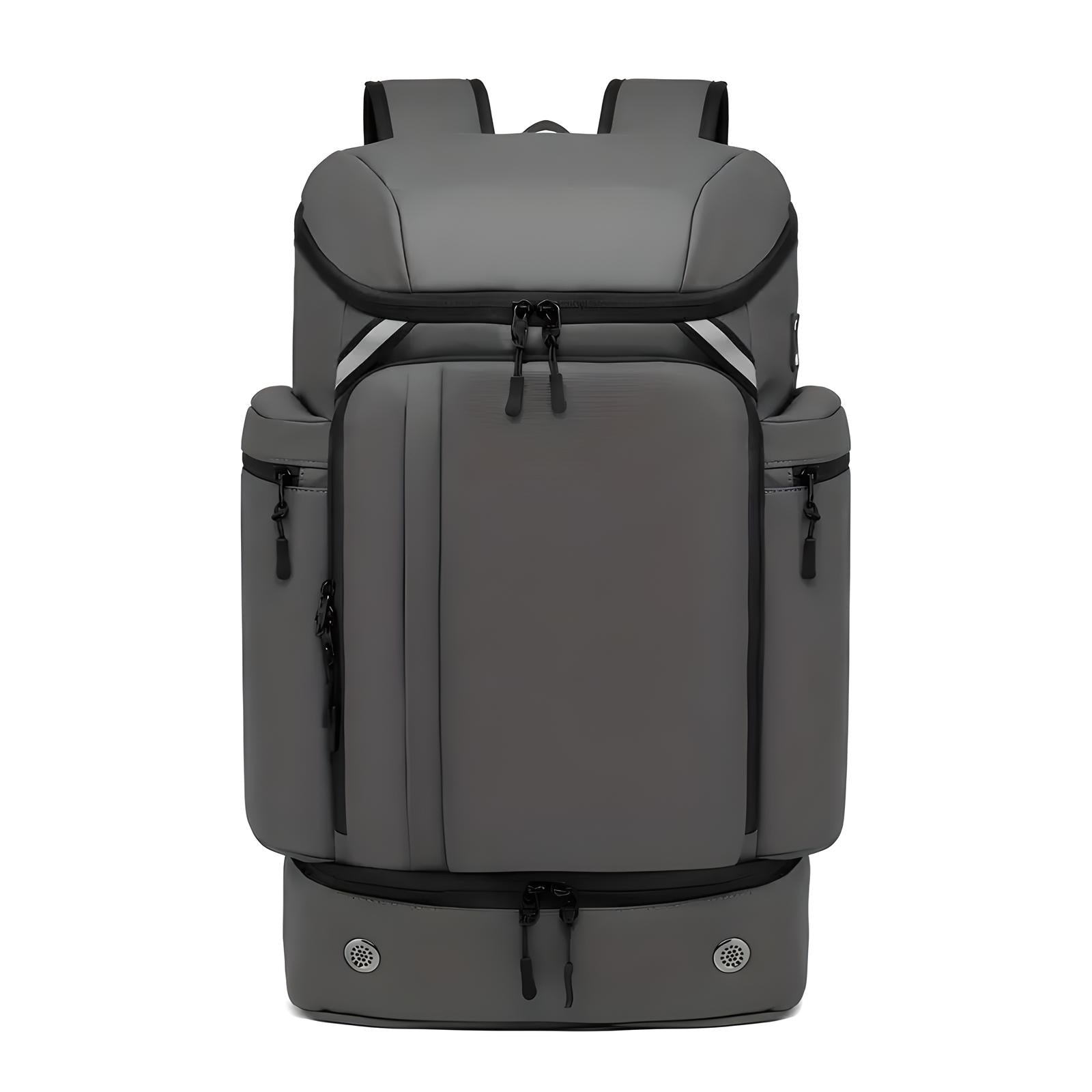 Sleek gray travel backpack with multiple zippered compartments, ergonomic design, and durable material. Ideal for hiking, commuting, and outdoor adventures.