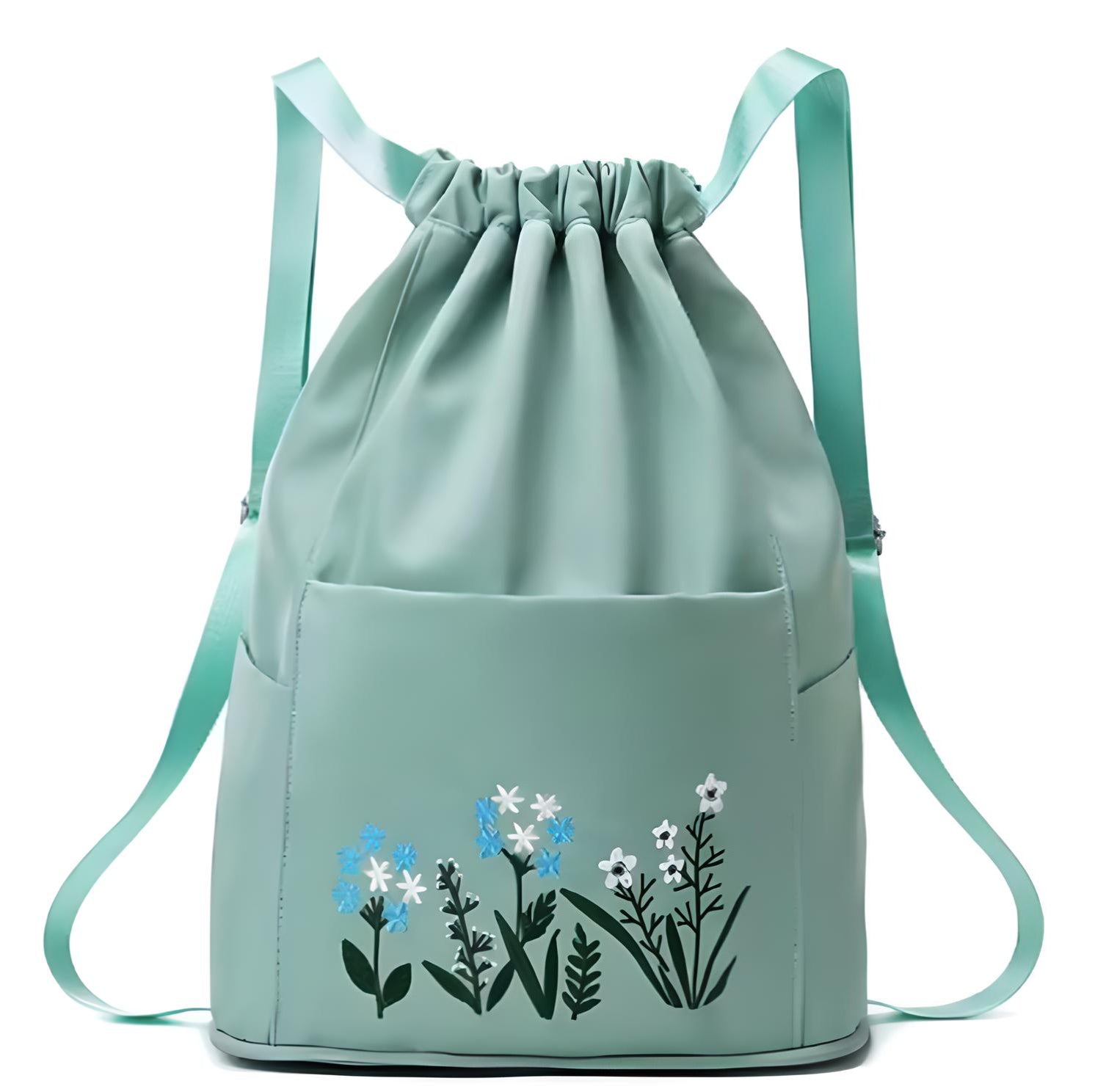 Mint green drawstring backpack with floral embroidery, featuring adjustable straps and front pocket. Stylish, trendy, and perfect for casual outings.