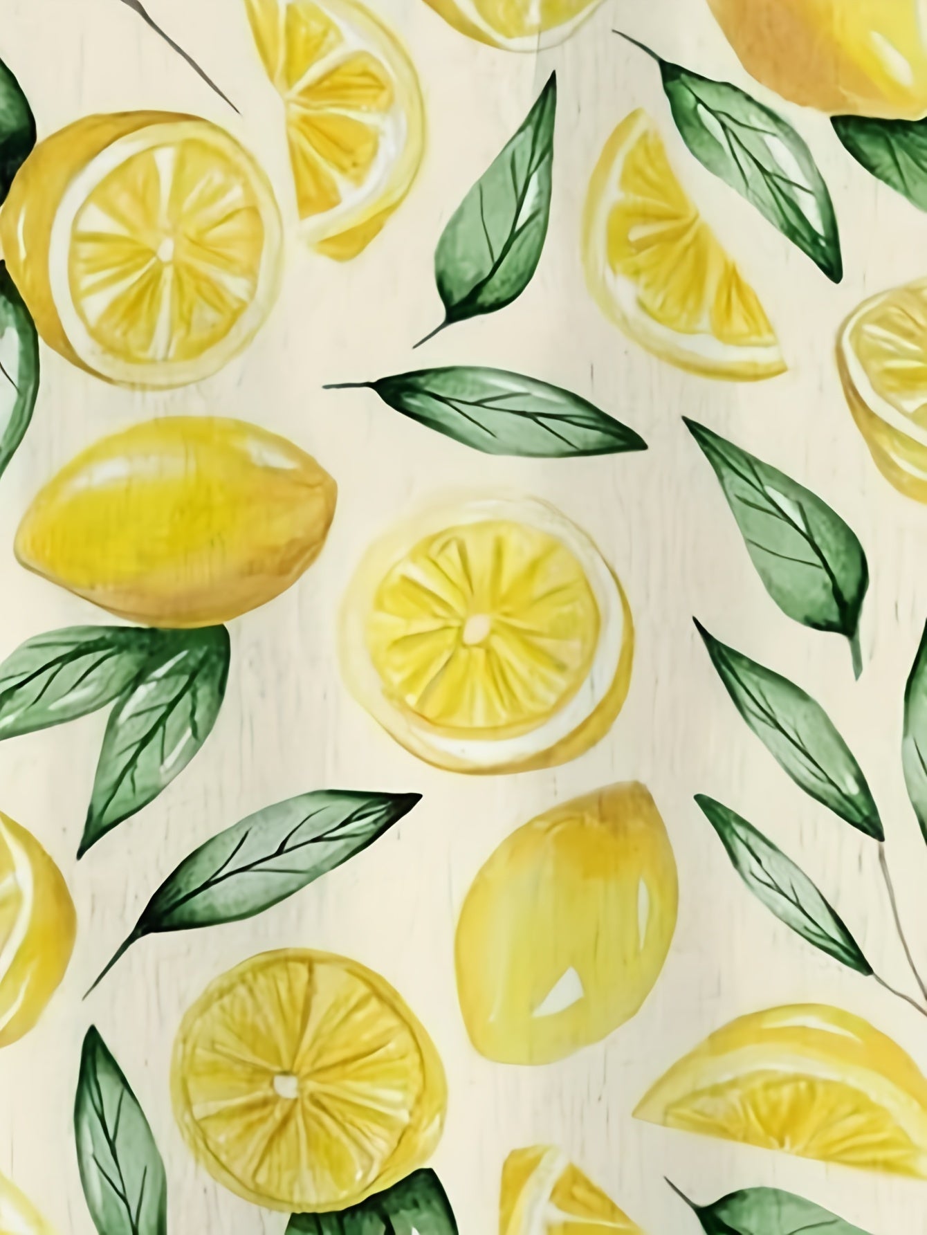 Watercolor lemon pattern with green leaves on a light background, featuring whole lemons and lemon slices. Perfect for kitchen decor and summer designs.