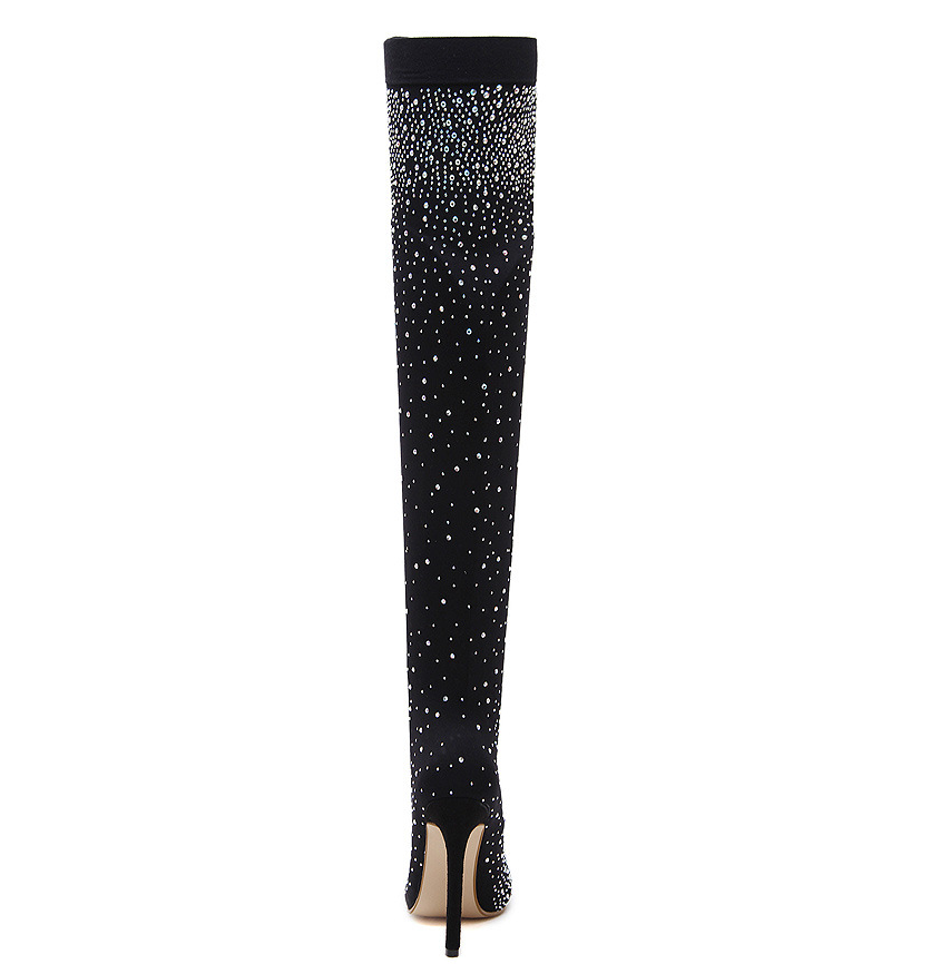 Black thigh-high stiletto boot with sparkling rhinestone embellishments, elegant high heel footwear, fashion statement, women's luxury shoe.