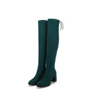 Emerald green over-the-knee boots with block heels and side zipper, featuring a sleek design. Perfect for stylish fall and winter fashion.