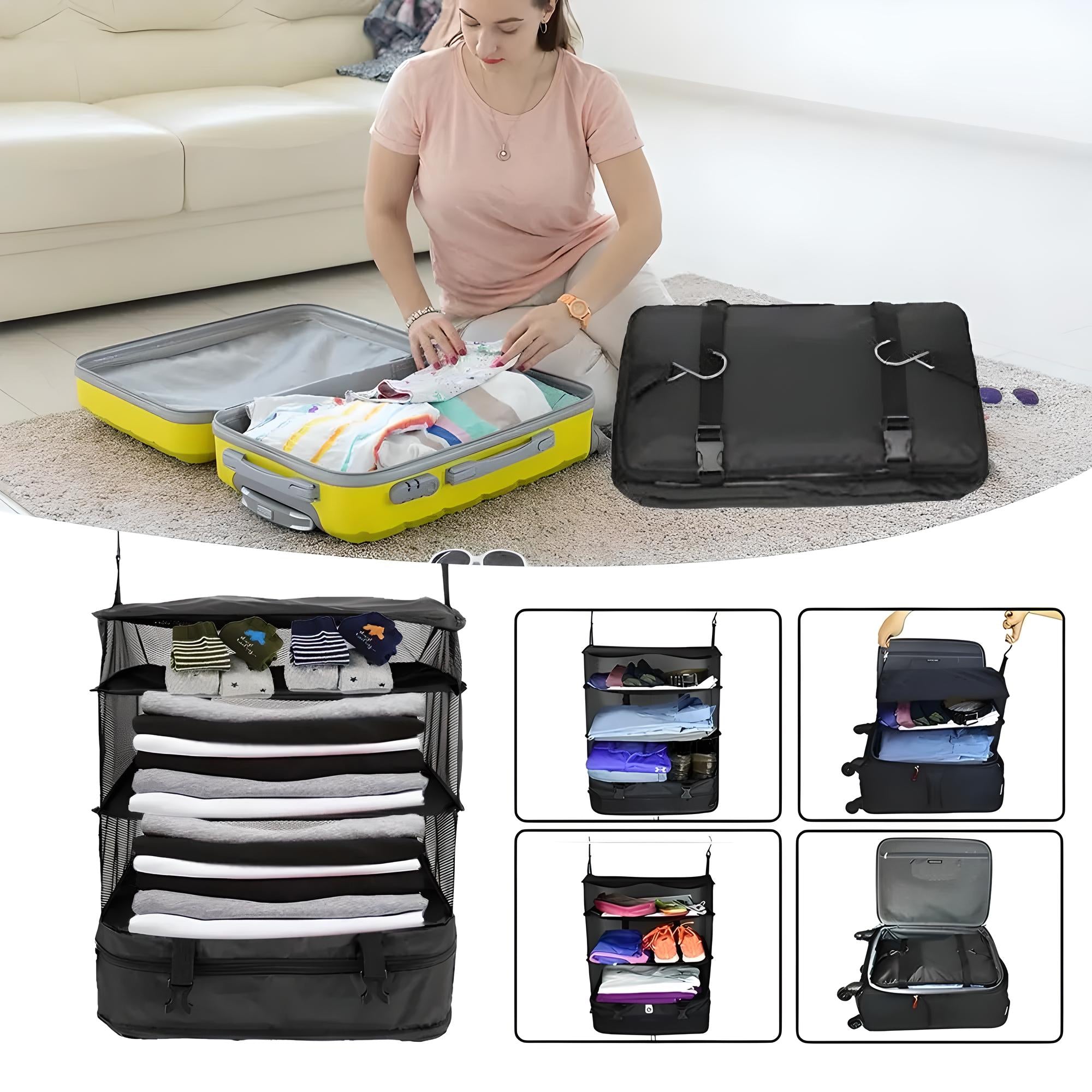 Woman packing clothes into a yellow suitcase with a black travel organizer. Efficient luggage organization, travel essentials, packing tips.