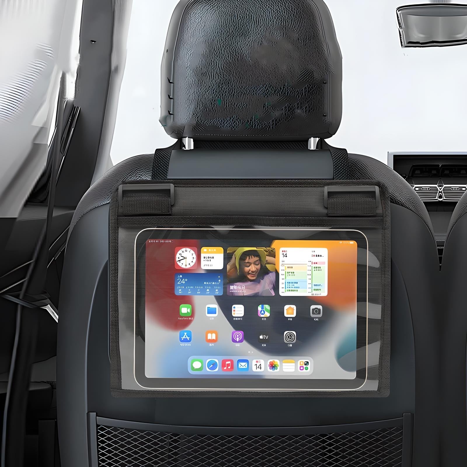 Car backseat tablet holder displaying iPad with apps, ideal for entertainment on road trips. Universal fit, easy installation, and secure viewing.