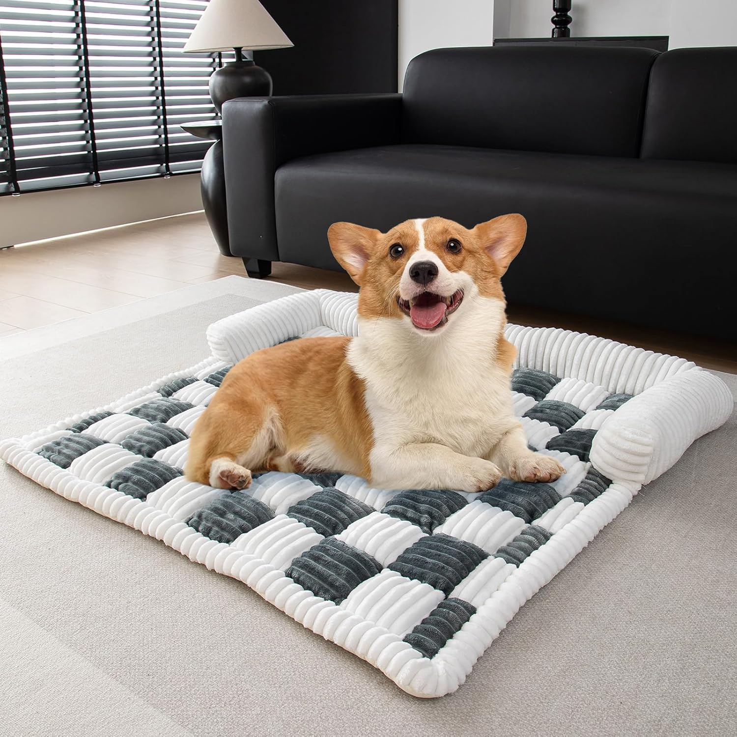 Corgi dog lounging on a plush, checkered pet bed in a modern living room. Comfortable, stylish dog bed, perfect for small to medium breeds.