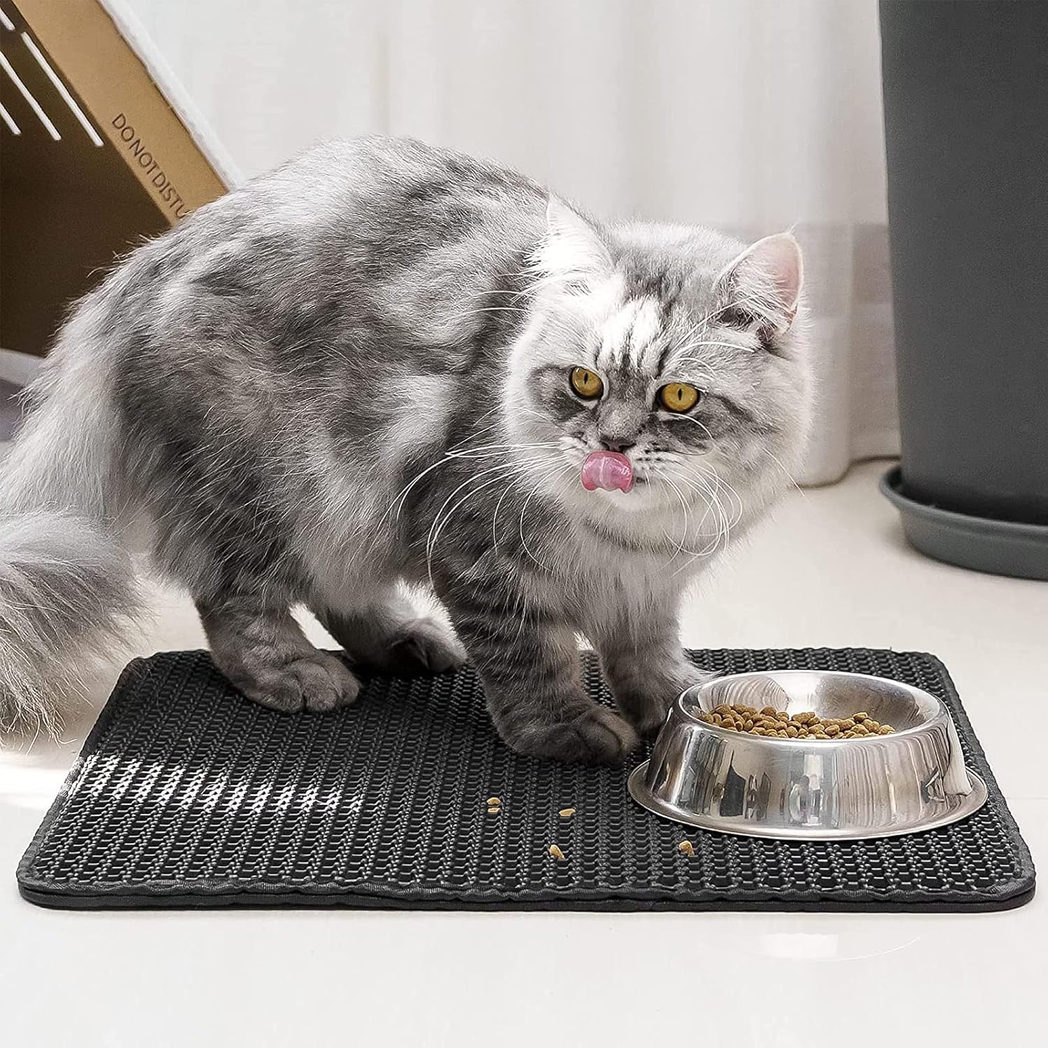 Fluffy gray Persian cat eating from a stainless steel bowl on a black non-slip mat, ideal for pet feeding area, home decor, and cat care essentials.