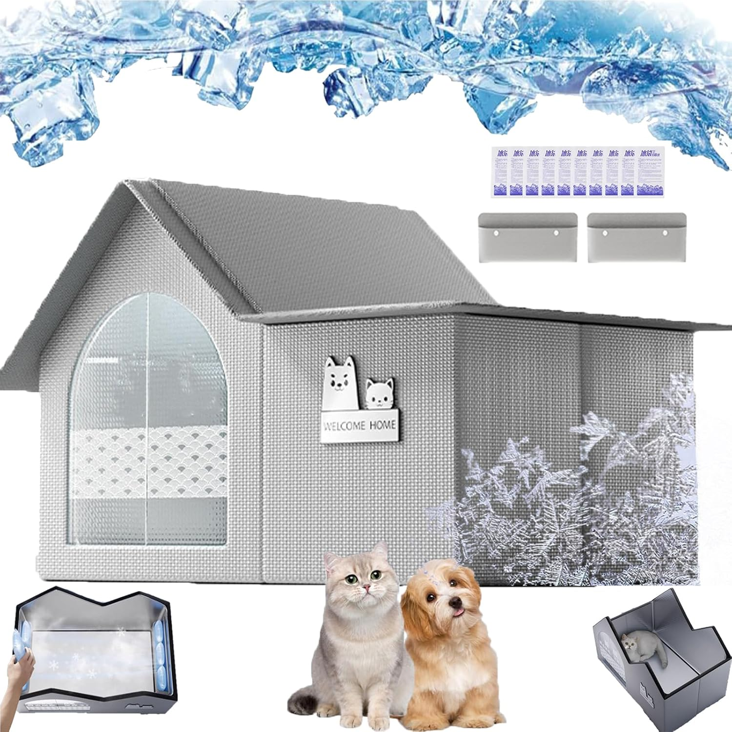 Outdoor heated cat house with waterproof design, featuring a cozy interior, transparent window, and snow-resistant roof. Ideal for winter pet shelter.