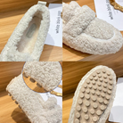 Cozy beige fleece loafers with non-slip rubber soles, perfect for indoor comfort. Soft, plush texture ideal for lounging. Women's slippers.