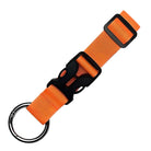 Orange nylon keychain with black plastic buckle and metal keyring. Durable, adjustable strap for secure key attachment. Ideal for everyday use.