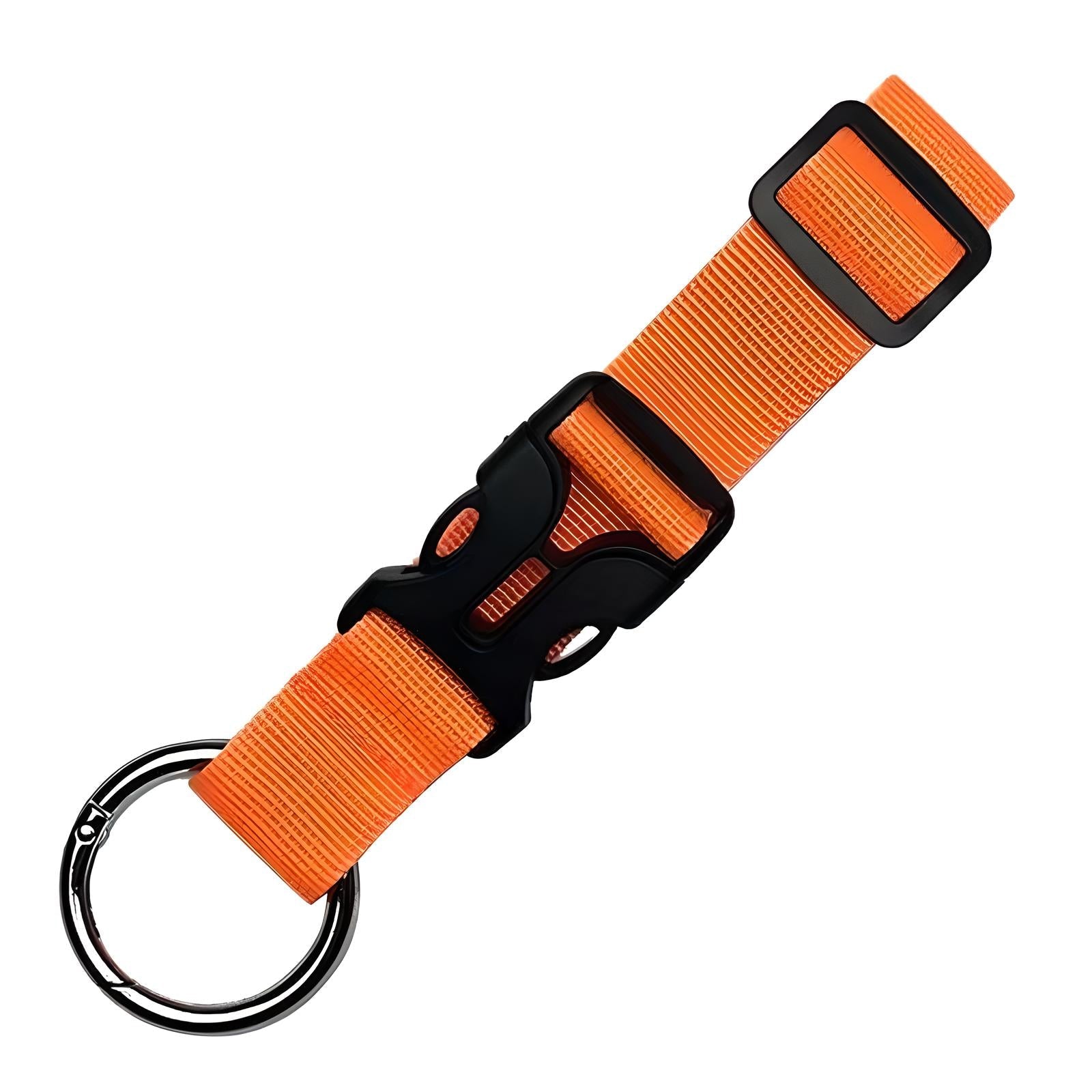 Orange nylon keychain with black plastic buckle and metal keyring. Durable, adjustable strap for secure key attachment. Ideal for everyday use.