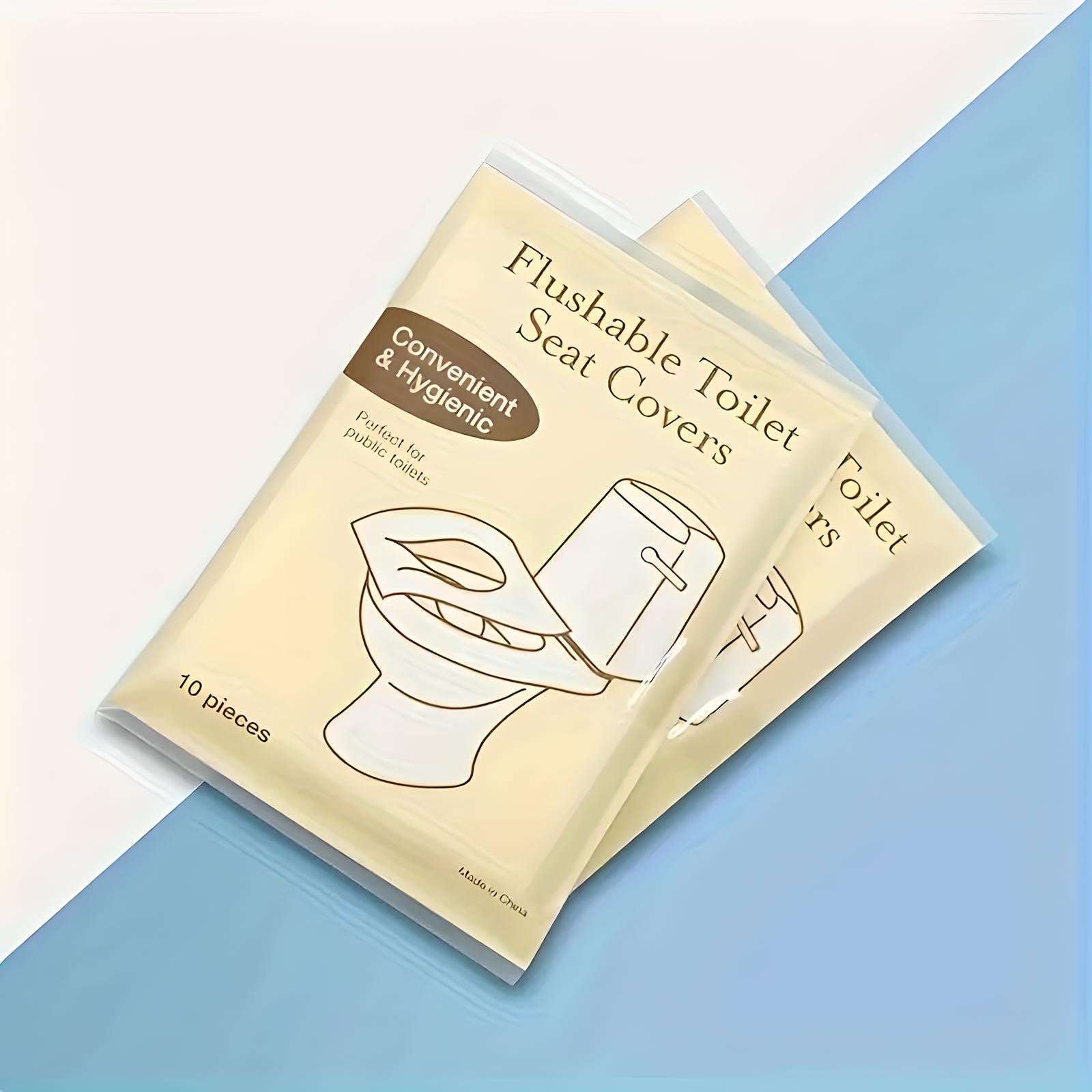 Flushable toilet seat covers packaging on a blue and white background. Convenient and hygienic, ideal for public restrooms. Pack of 10 pieces.