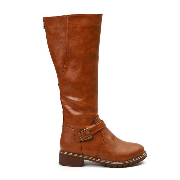 Brown knee-high leather boot with buckle detail, side zipper, and low block heel. Stylish women's footwear for fall fashion and casual wear.