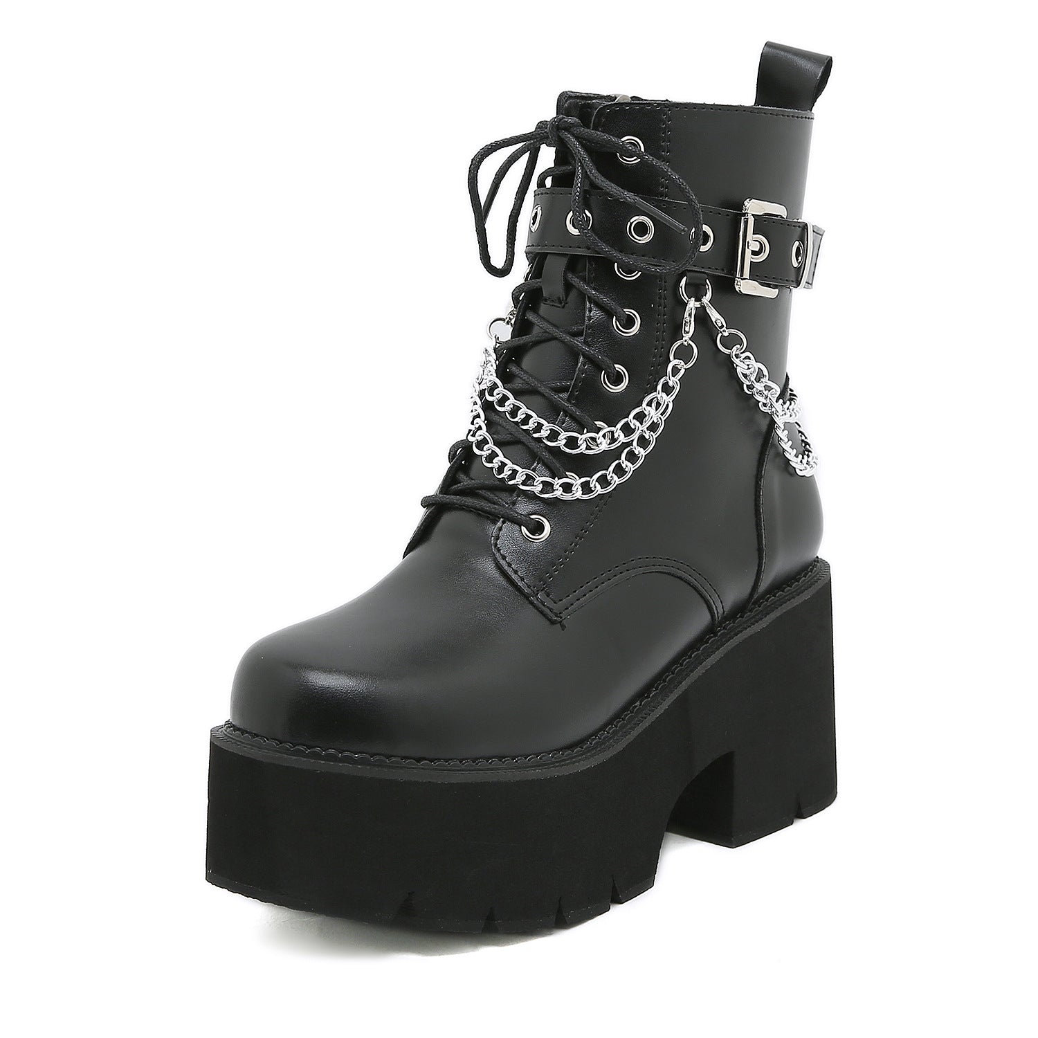 Black platform combat boot with silver chain detail, lace-up front, and chunky heel. Stylish gothic footwear for edgy fashion enthusiasts.