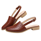 Brown woven leather slingback flats with low block heels, featuring a stylish buckle strap. Perfect for casual and formal wear. Women's footwear.