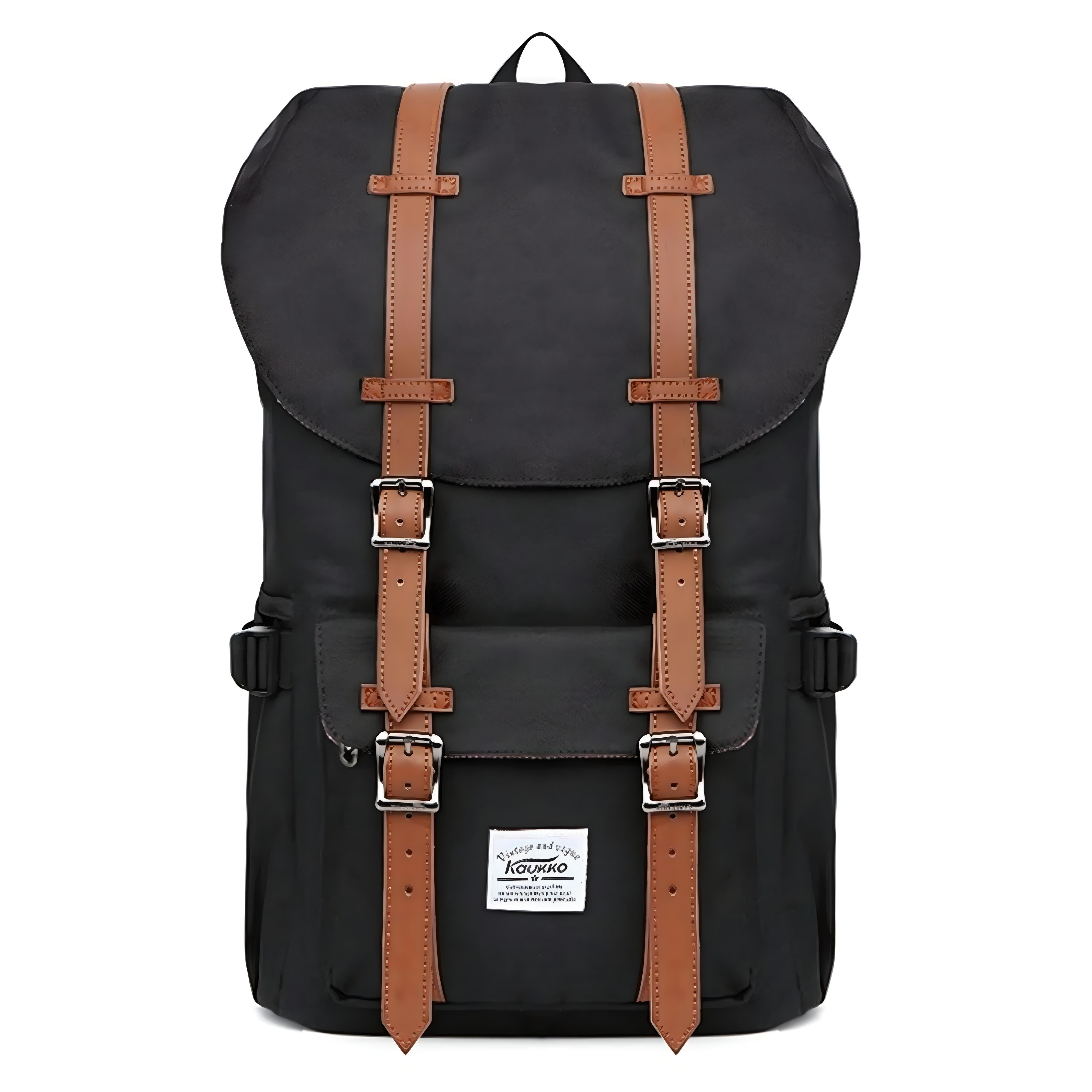 Black vintage backpack with brown leather straps, front pocket, and buckle closures. Ideal for travel, hiking, or school. Durable and stylish design.