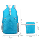 Lightweight blue foldable backpack with front zipper pocket, adjustable straps, and compact storage pouch. Ideal for travel and outdoor activities.