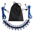 Portable travel clothesline with blue elastic cords, black beads, and carabiner clips, includes a black drawstring storage bag. Ideal for camping.