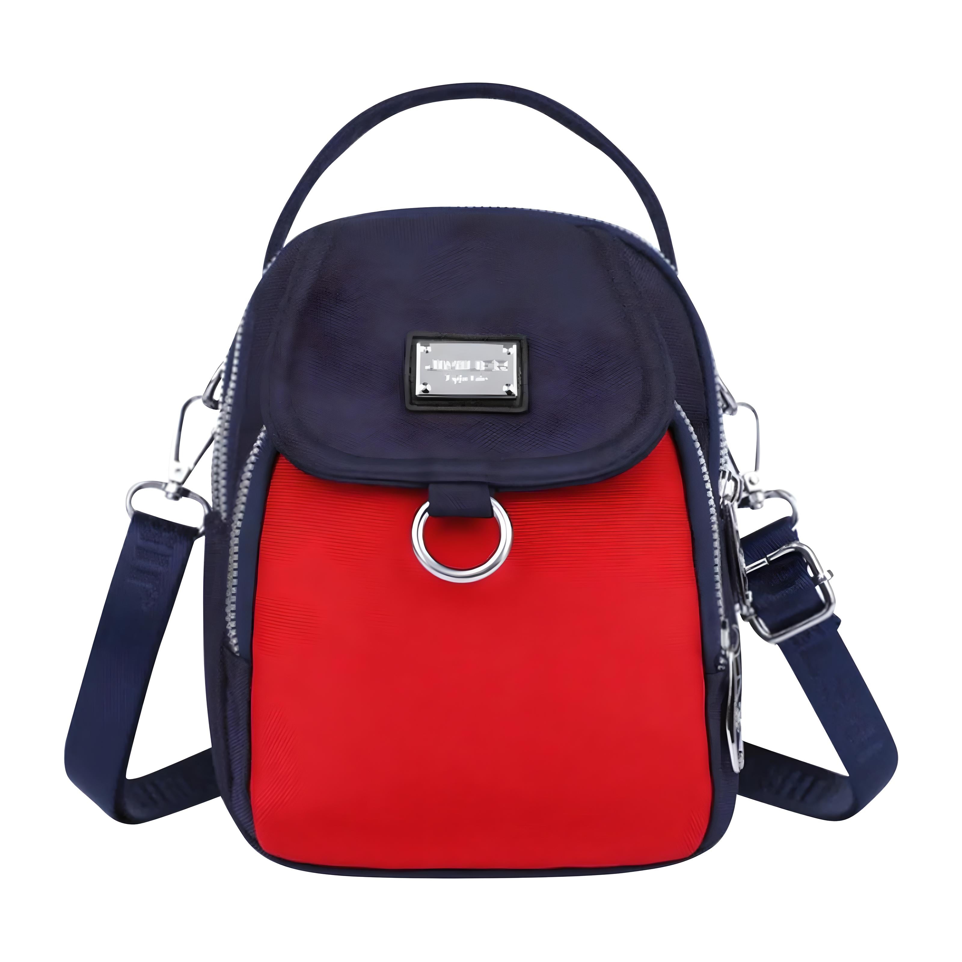 Red and navy crossbody bag with silver hardware, adjustable strap, and front flap. Stylish women's accessory, perfect for casual and travel use.