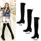 Black over-the-knee boots with block heels in three heights (3cm, 4.5cm, 7.5cm) displayed next to a seated woman in a stylish outfit.