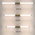 Modern LED wall lights in three sizes (69cm, 59cm, 49cm) with sleek gold accents, ideal for bathroom vanity lighting. Energy-efficient and stylish design.