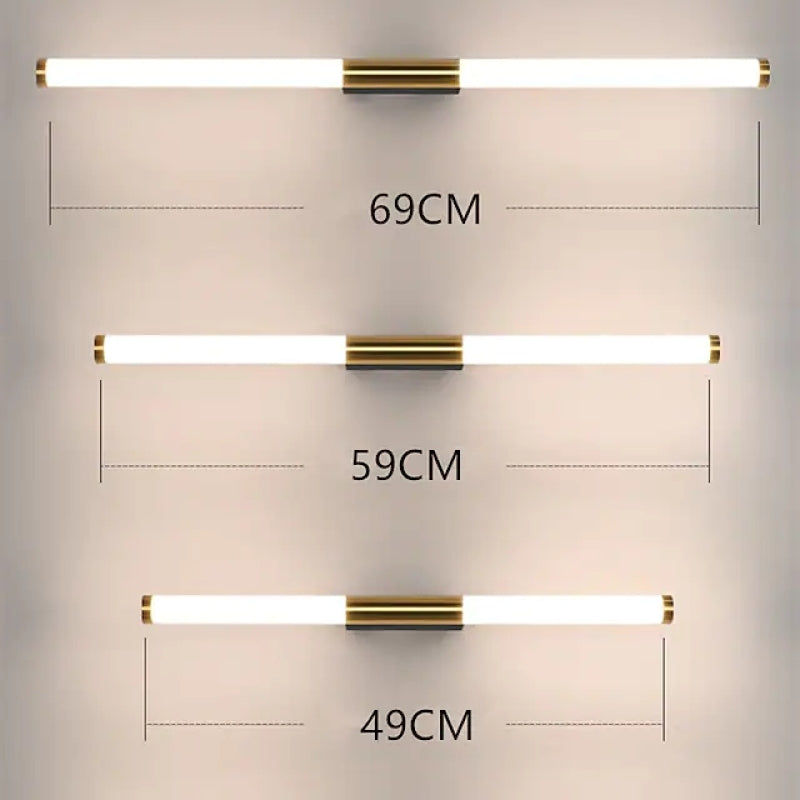 Modern LED wall lights in three sizes (69cm, 59cm, 49cm) with sleek gold accents, ideal for bathroom vanity lighting. Energy-efficient and stylish design.