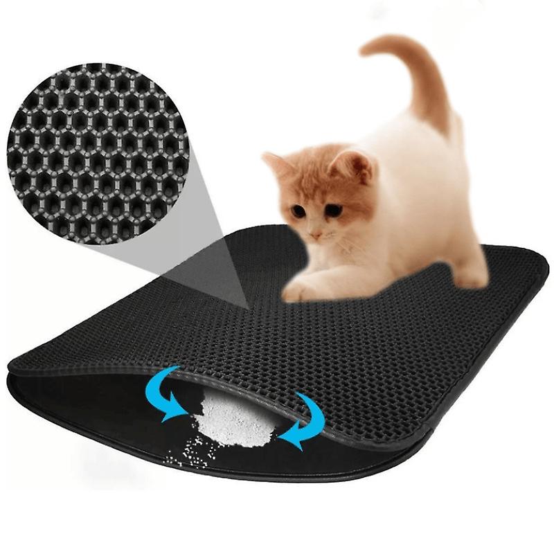 Cat litter mat with honeycomb design, featuring a ginger cat. Double-layered, waterproof, non-slip mat efficiently traps litter, easy to clean.