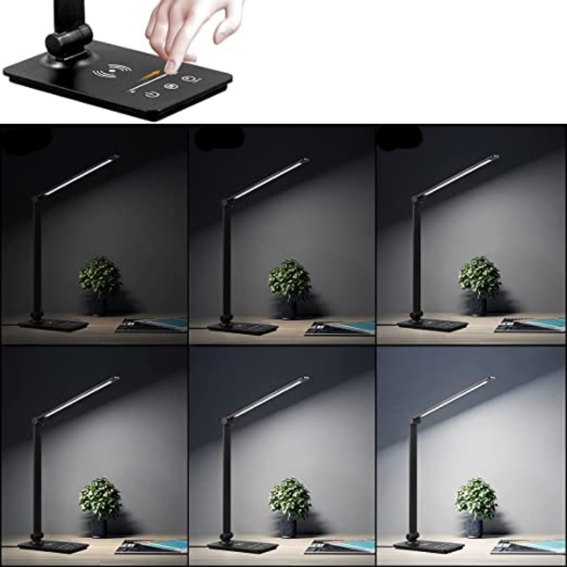 LED desk lamp with touch control panel, adjustable brightness, and sleek design. Ideal for office or study, energy-efficient lighting solution.