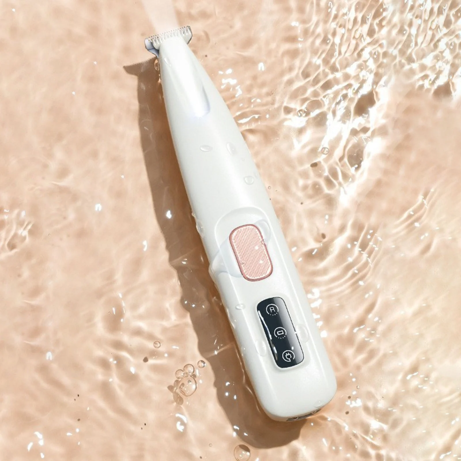 Waterproof electric trimmer on wet surface, featuring sleek white design, ergonomic grip, and digital controls. Ideal for grooming and personal care.