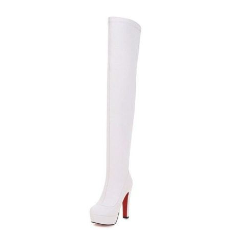 White thigh-high stiletto boot with red sole, platform heel, and sleek design. Fashionable women's footwear, perfect for stylish outfits.