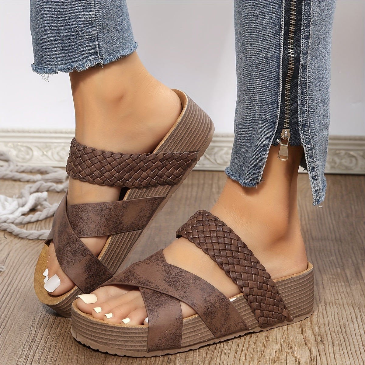 Women's brown woven platform sandals with crisscross straps, paired with frayed hem jeans. Stylish summer footwear for casual outfits.