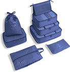 Dark blue travel packing cubes set, includes various sizes for organized luggage storage. Ideal for efficient packing, suitcase organization, travel accessories.