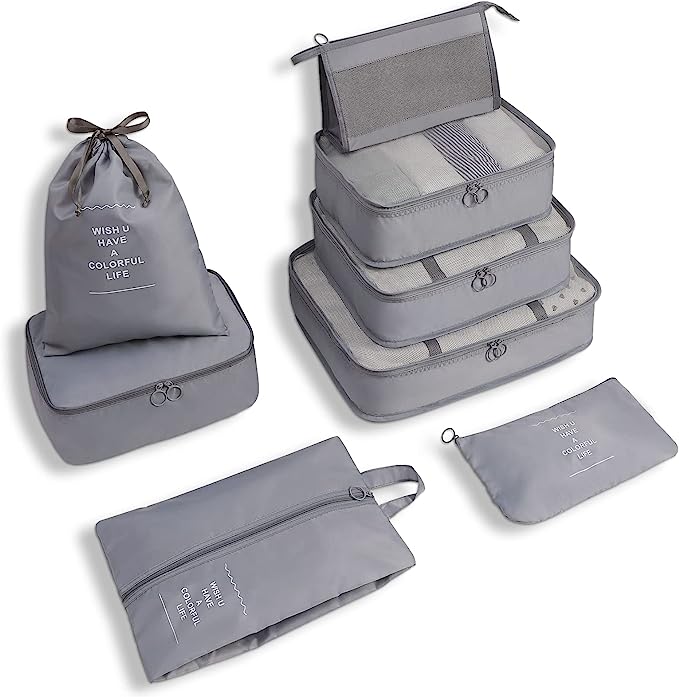 Set of gray travel packing cubes and bags, including various sizes for organized luggage. Ideal for efficient packing, travel accessories, suitcase organizers.