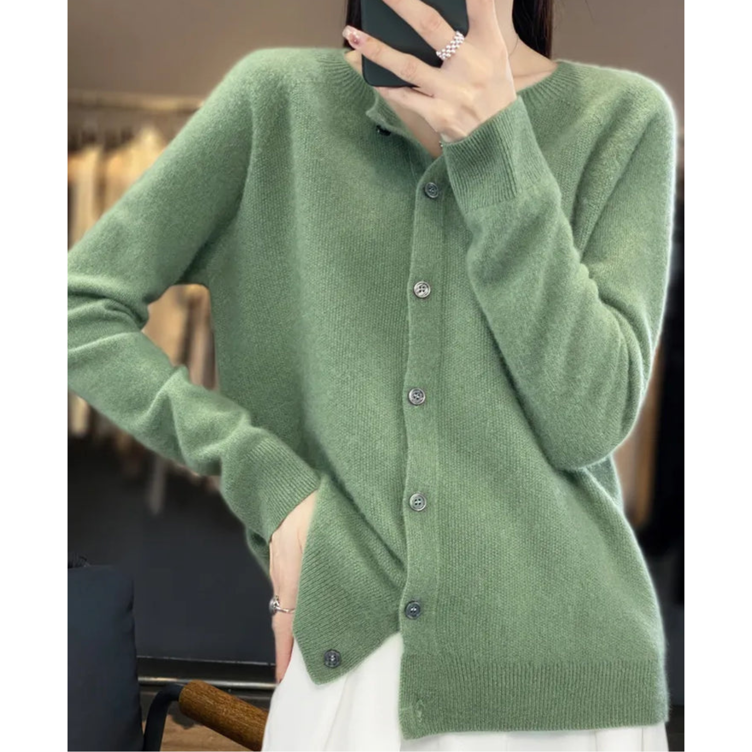Green cashmere cardigan with buttons, women's fashion, soft knit sweater, elegant casual wear.