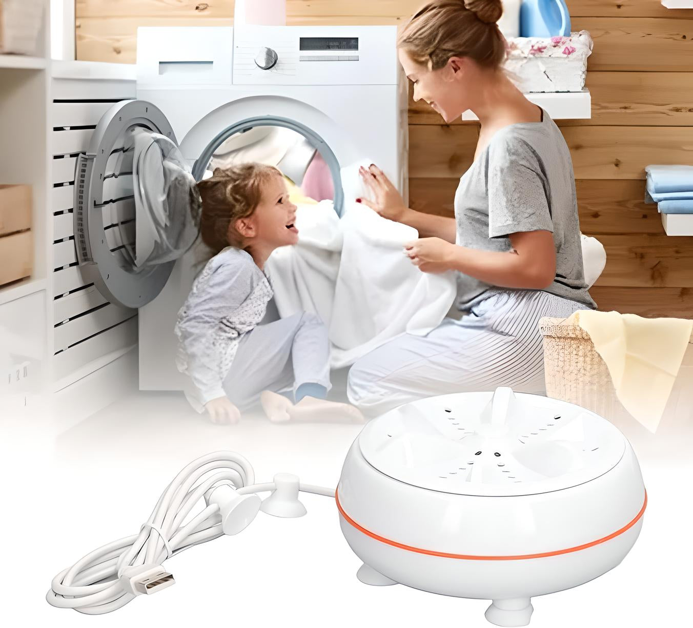 Mother and child enjoying laundry time with a compact ultrasonic washing machine. Portable, efficient, USB-powered cleaner for small spaces.