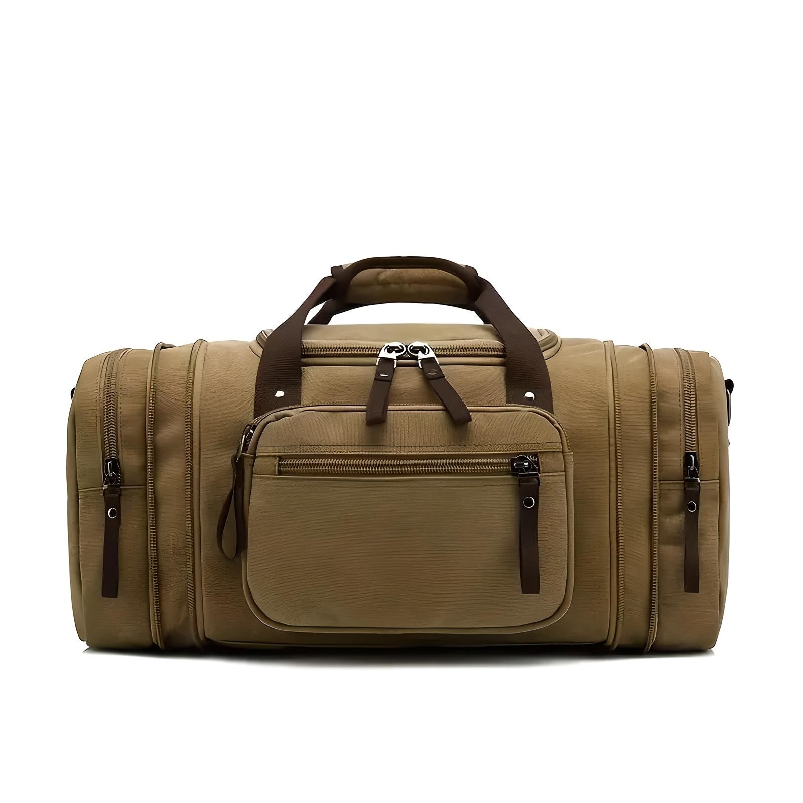 Khaki travel duffel bag with multiple zippered compartments, durable handles, and sleek design. Perfect for luggage, gym, or weekend trips.