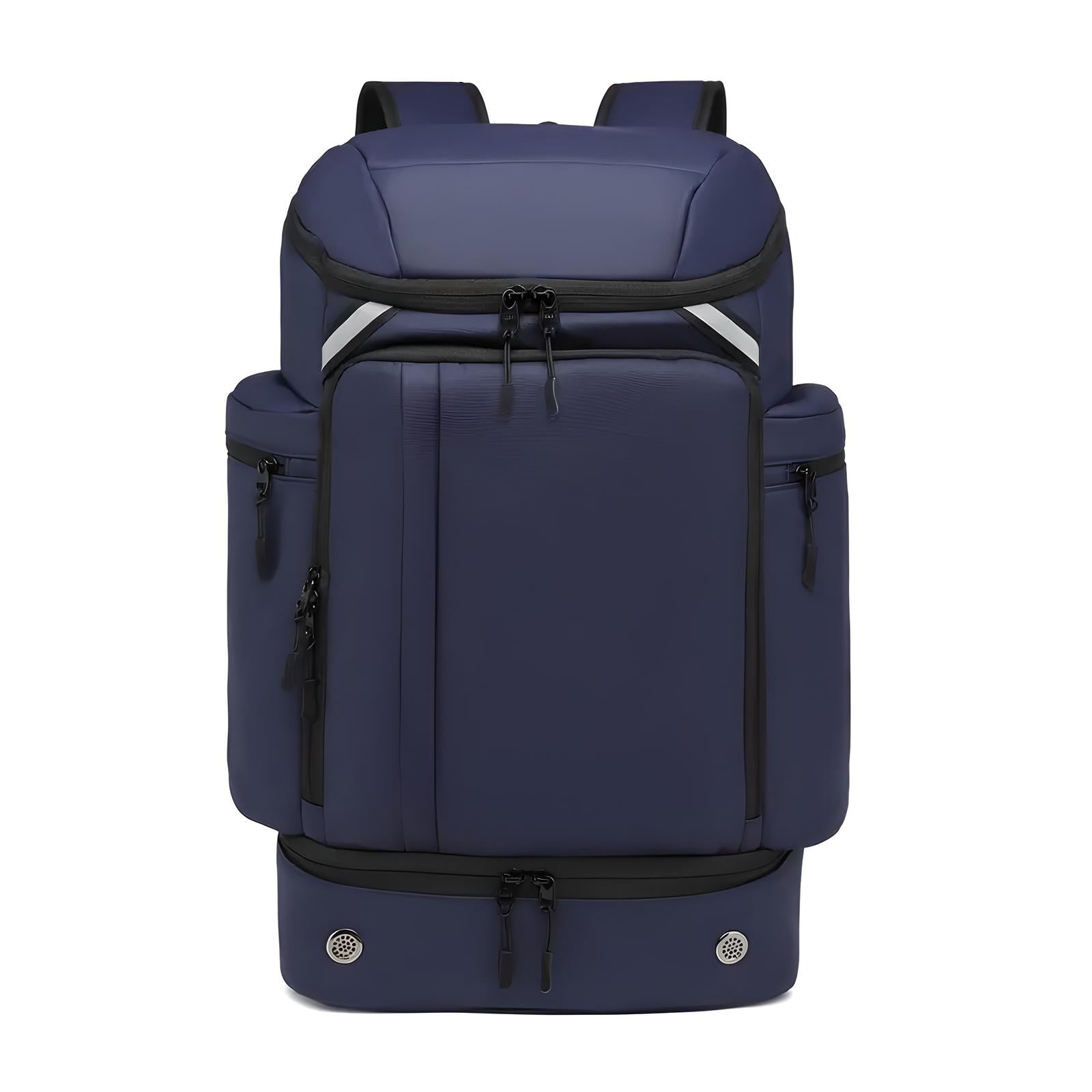 Sleek navy blue backpack with multiple zippered compartments, ergonomic design, and durable material. Ideal for travel, school, or work essentials.