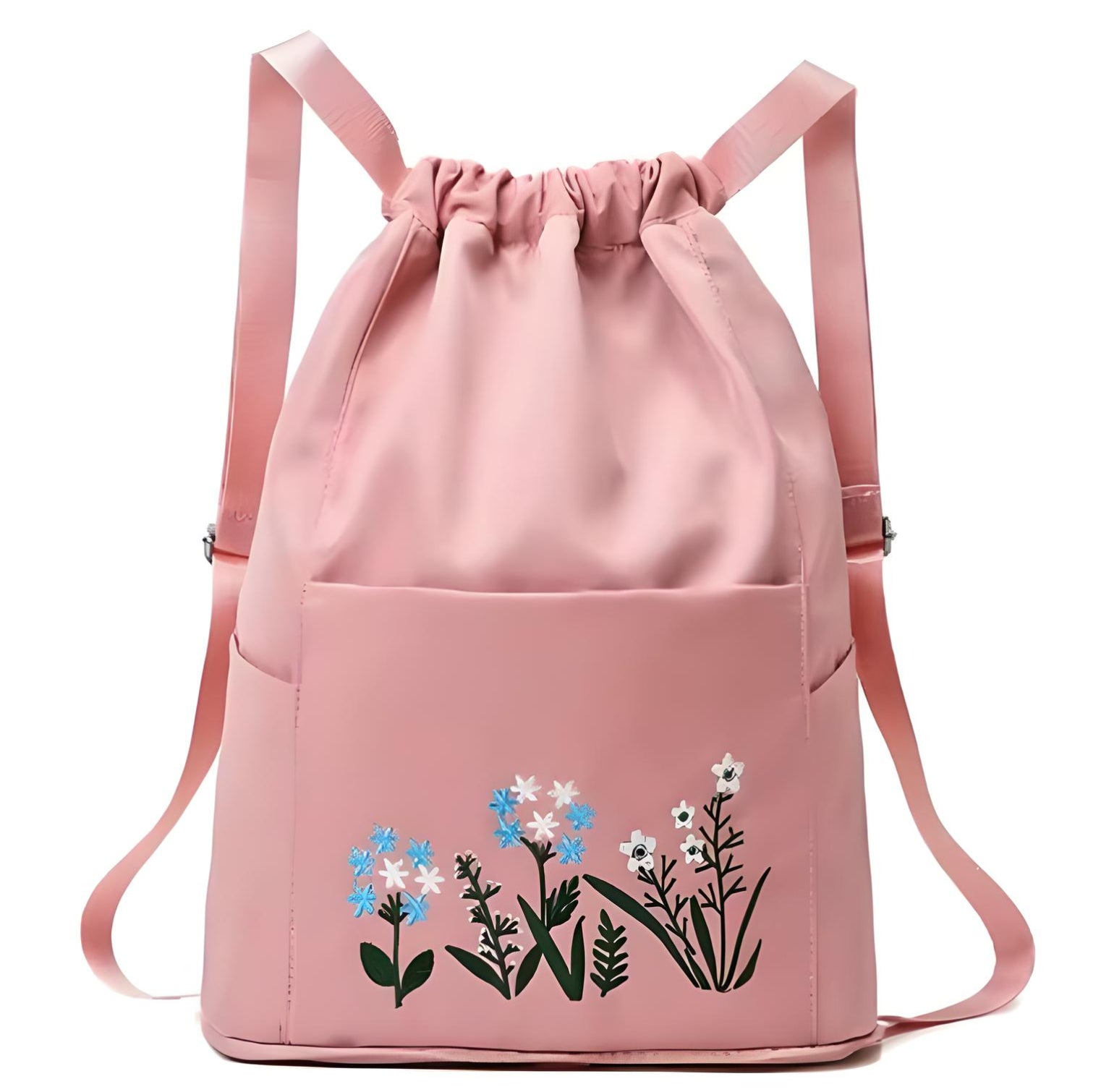 Pink drawstring backpack with floral embroidery, featuring blue and white flowers. Stylish and functional, perfect for casual outings and travel.