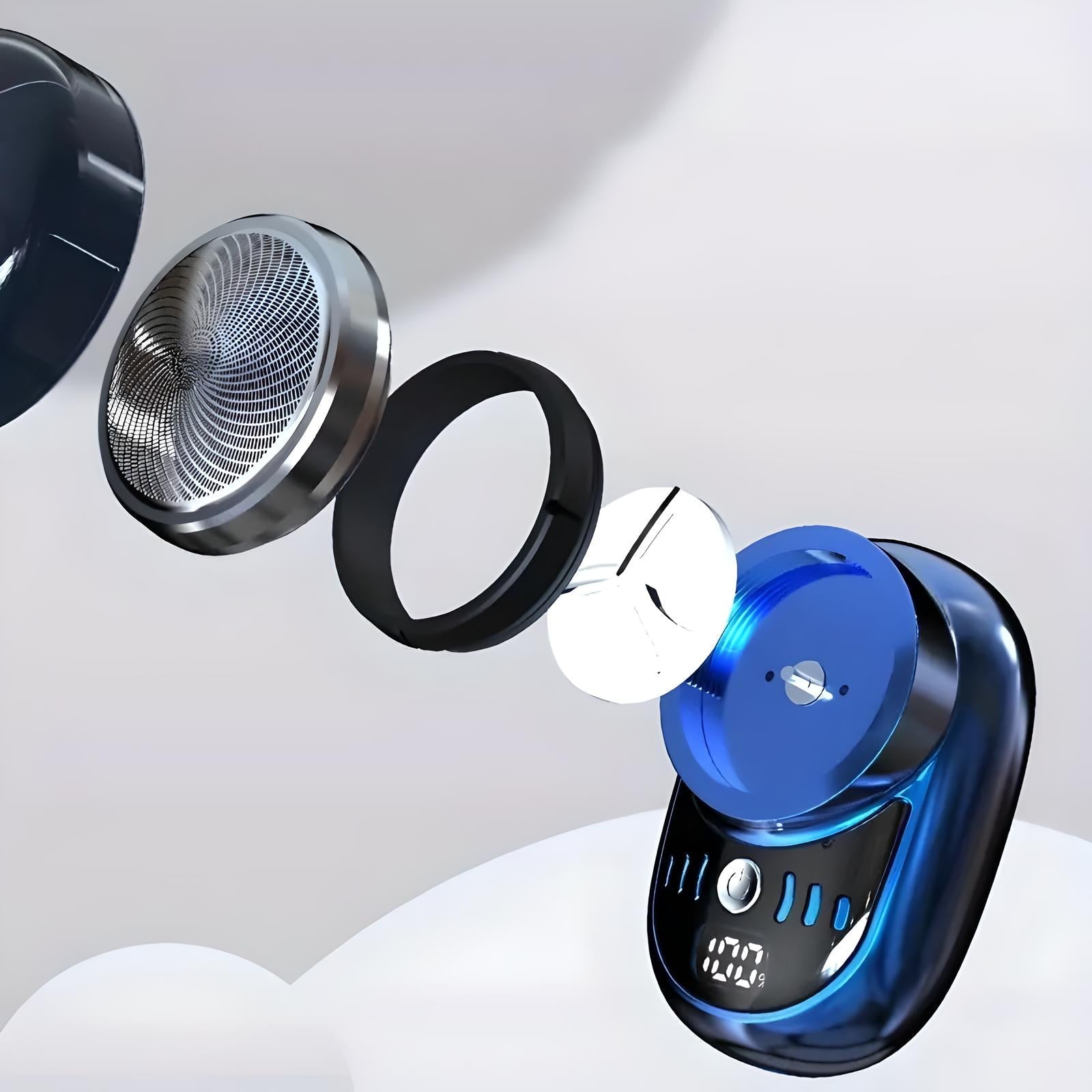 Exploded view of a blue electric shaver with detachable blades and components, showcasing modern design and advanced grooming technology.