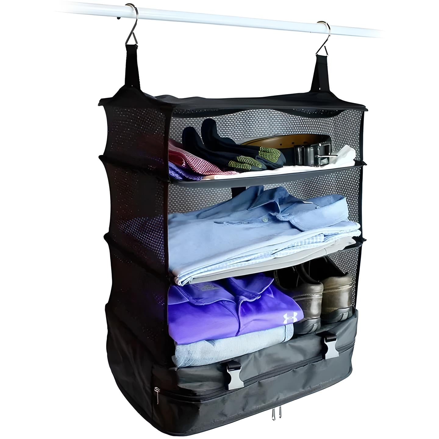 Hanging travel organizer with multiple mesh shelves holding folded clothes, shoes, and accessories. Ideal for efficient packing and closet organization.