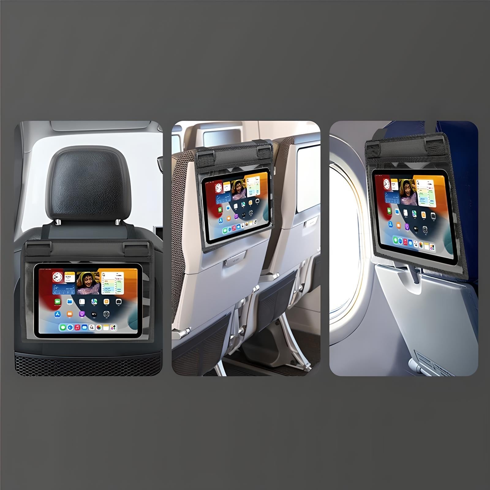 Airplane seat tablet holder displaying a tablet with apps, mounted on a car headrest and airplane tray table. Travel gadget, in-flight entertainment accessory.