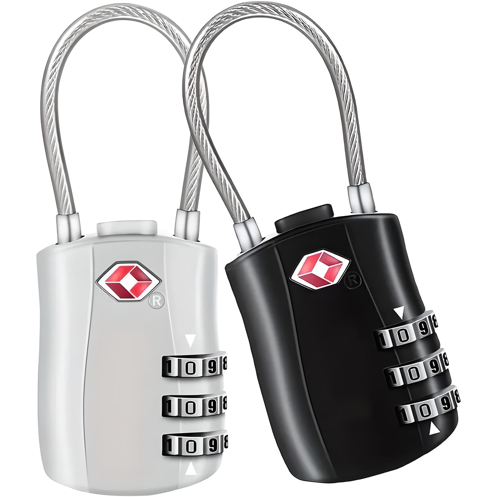 TSA approved combination locks, black and white, with three-digit dials and flexible cables, ideal for luggage security and travel safety.