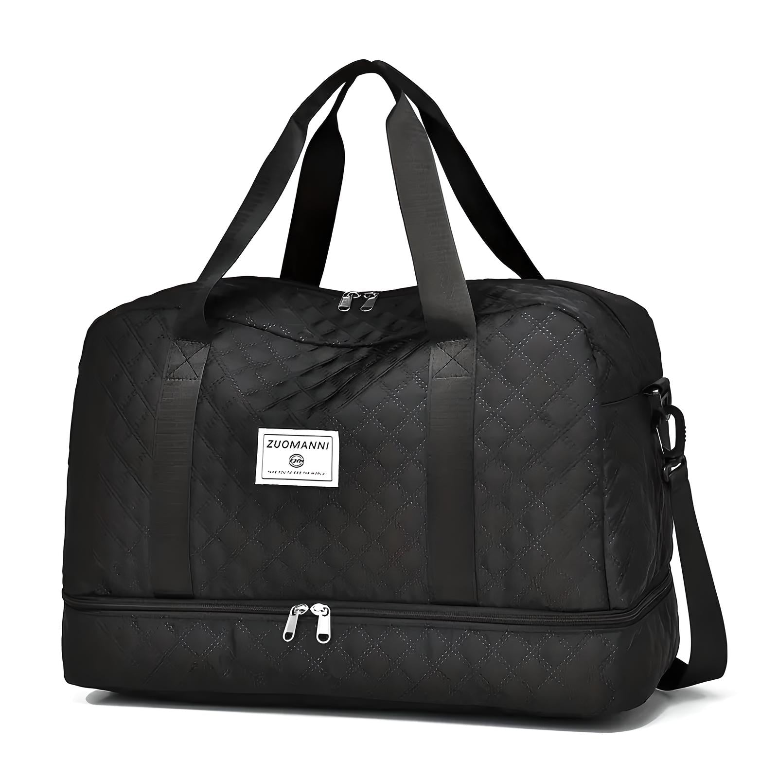 Black quilted travel duffel bag with dual handles, detachable shoulder strap, and front logo patch. Spacious, stylish, and ideal for weekend getaways.